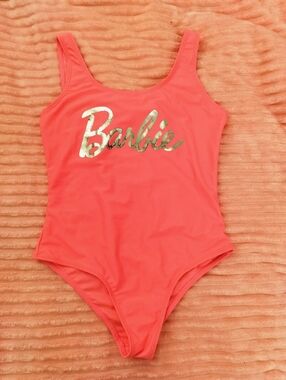 Barbie Coral Pink One-Piece Swimsuit with Metallic Logo - 10/12 Girl (XS Women)